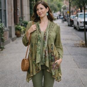 Young Threads Rustic Green Floral Embroidered Drapey Cardigan | Boho Flowy